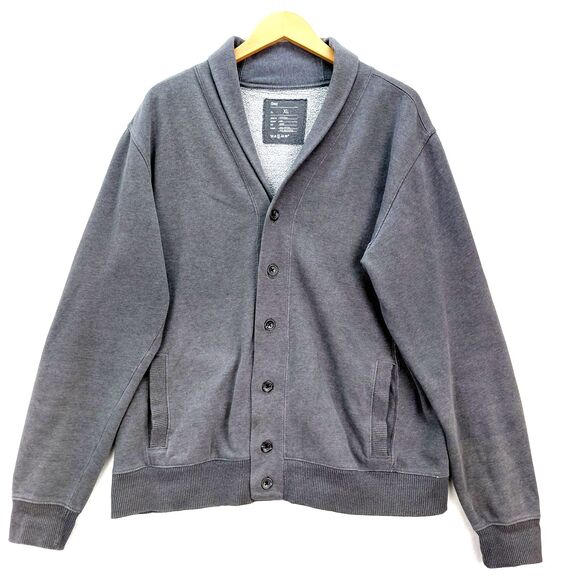 Gap Button Up Cardigan Sweater Mens Size XL Gray Jersey Knit Shawl Collar Pocket - Picture 1 of 12